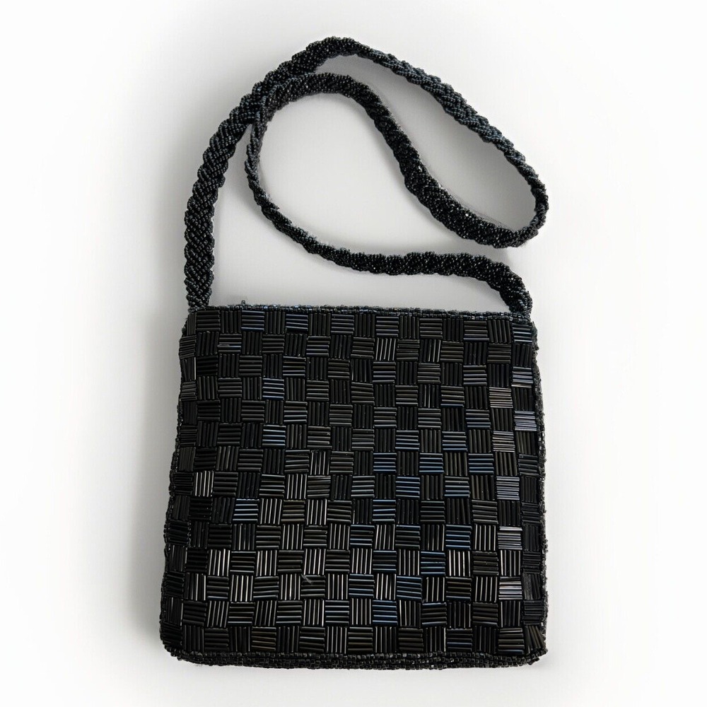 CLOVIS RUFFIN - Handmade for Genie - Black Beaded‎ Crossover Evening Bag VINTAGE